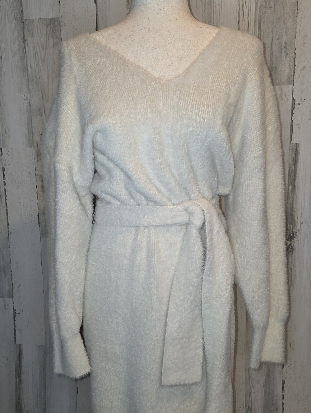 Express Fuzzy Eyelash Knit Sweater Dress Ivory Belted V-Neck Long Sleeve NWT L - Picture 12 of 12